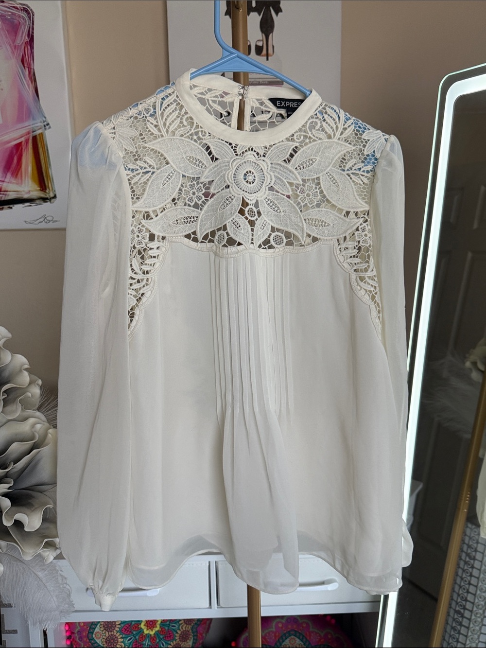 Express Cream Lace Yoke Long-Sleeve Blouse